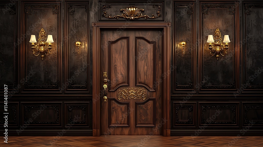 Elegant dark wood paneled room with ornate door and sconces. Elegant dark wood paneled room with ornate door and sconces.