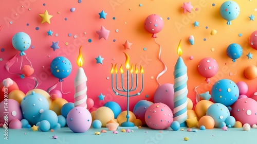 A fun and vibrant holiday card featuring colorful, hand-sketched dreidels, a pastel menorah, and scattered festive stars and ribbons for a lighthearted celebration.