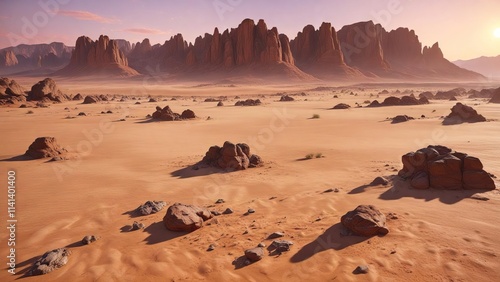 Desert landscape at dawn with rocky outcrops and sandy soil, terrain, abstract, sepia photo