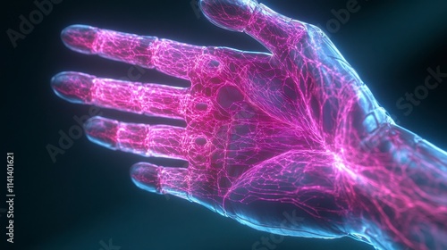 A glowing hand with intricate patterns, showcasing a fusion of technology and biology in a vibrant, futuristic style.