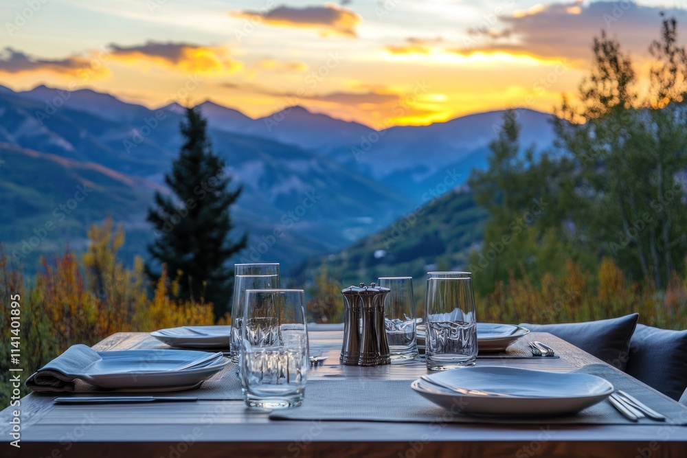Fototapeta premium Outdoor table set for dinner, mountain sunset view.