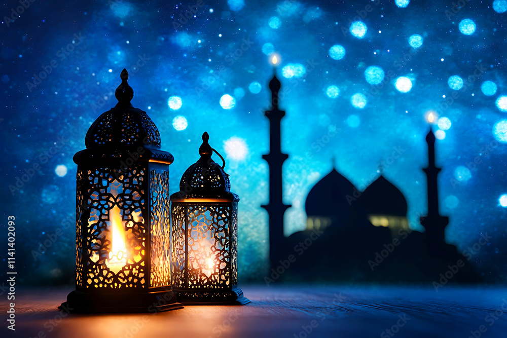 A beautiful Arabic lantern with a burning candle illuminated the star night sky. Ai generative A beautiful Arabic lantern with a burning candle illuminated the star night sky. Ai generative