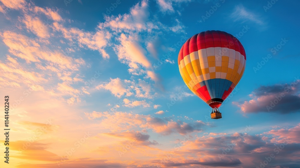Naklejka premium Hot Air Balloon Soaring Through a Colorful Sunset Sky