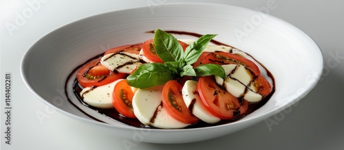 Caprese salad with balsamic glaze, basil leaves, in a white bowl. photo