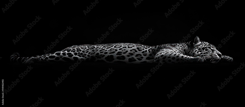 Fototapeta premium Jaguar lying down with patterns, isolated on a dark background.