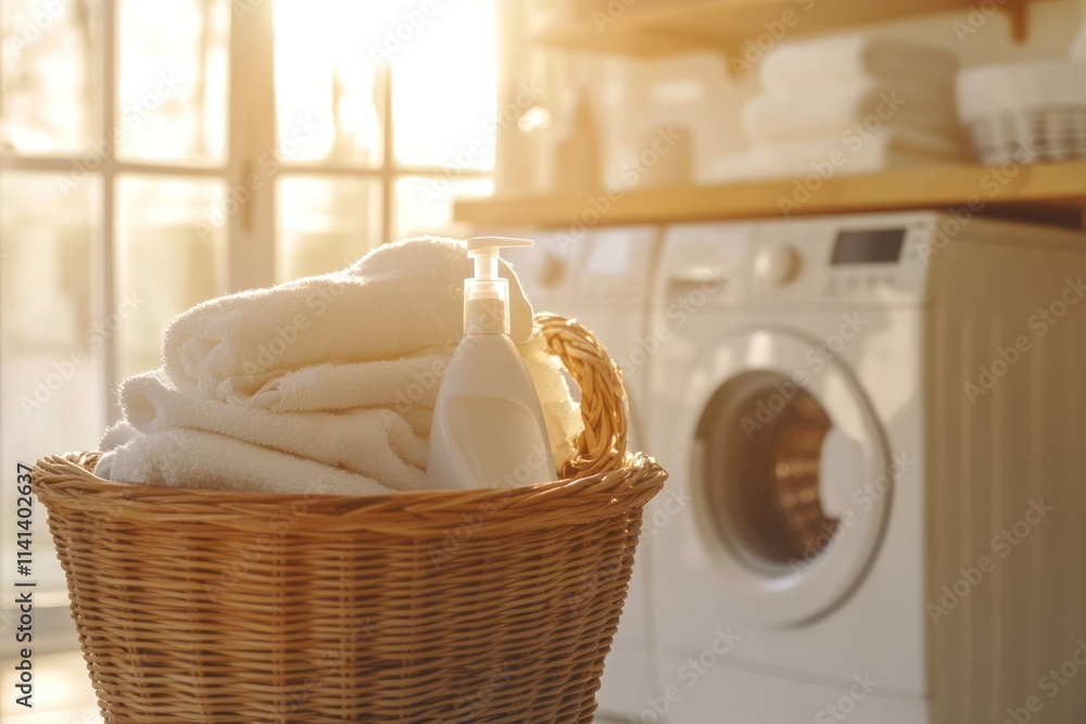 Laundry basket with towels and detergent, sunny washroom backdrop. Laundry basket with towels and detergent, sunny washroom backdrop.