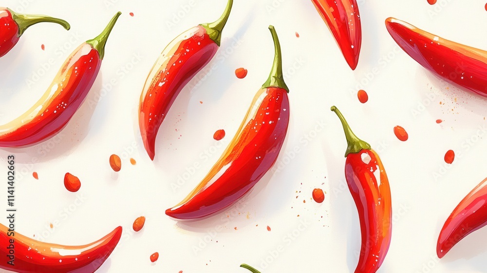 Vibrant red chili peppers scattered on white, glossy finish. Perfect for food blogs, recipes, or spicy food related projects. Vibrant red chili peppers scattered on white, glossy finish. Perfect for food blogs, recipes, or spicy food related projects.