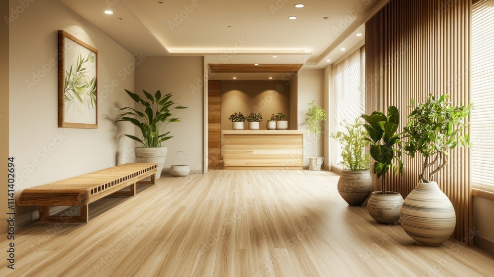 Fototapeta premium Minimalist lobby with wood floors, plants, bench, and counter.