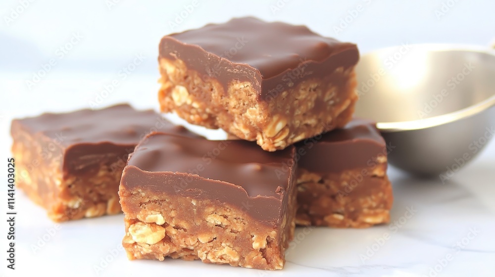 Delicious chocolate-covered oat bars stacked neatly, showcasing a rich, smooth texture and appealing presentation. Delicious chocolate-covered oat bars stacked neatly, showcasing a rich, smooth texture and appealing presentation.