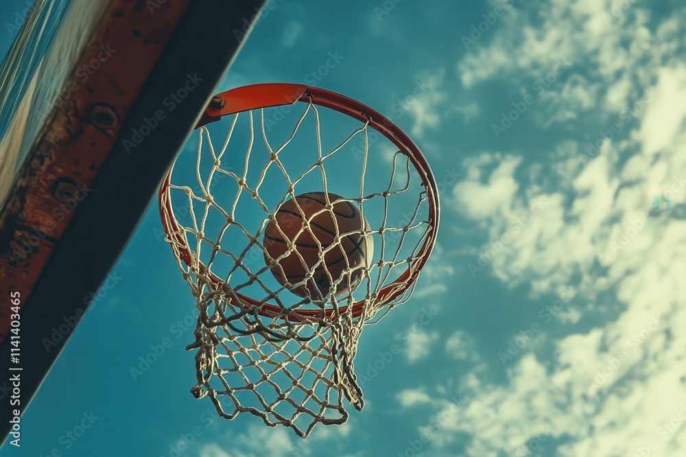 Basketball entering net against blue sky. Perfect for sports, activity, and success themes. Basketball entering net against blue sky. Perfect for sports, activity, and success themes.