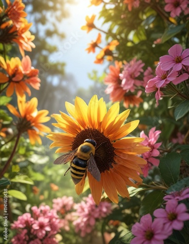 Eine Biene in einem Sonnenhut unter gelben Blumenk?rnern, flower meadow, apiary photo