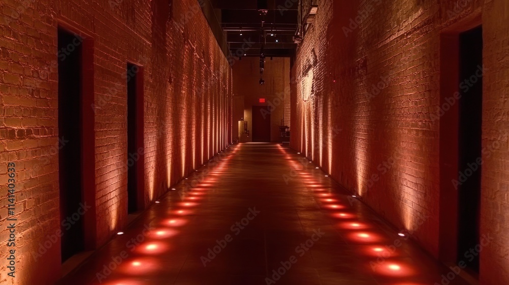 Lit brick corridor with red lights leading to a door. Lit brick corridor with red lights leading to a door.