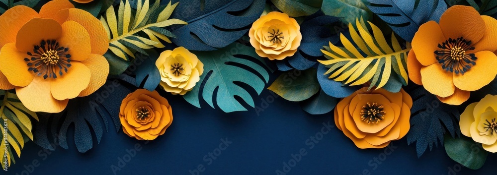 Paper flowers, leaves in orange, yellow, dark-blue. Paper flowers, leaves in orange, yellow, dark-blue.