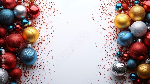 A vibrant holiday assortment of colorful dreidels, a silver menorah, and classic Christmas ornaments, artistically placed on a plain white surface for festive messaging. photo