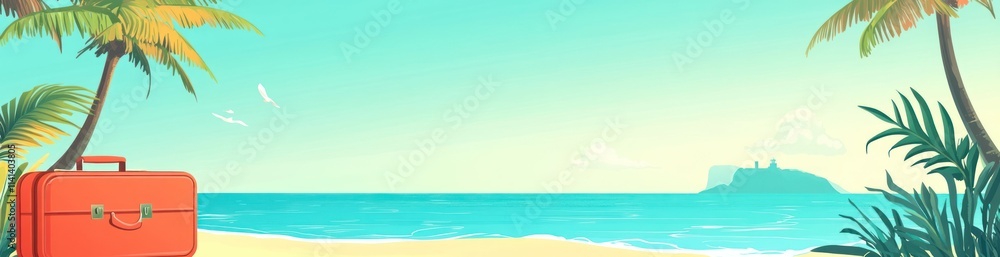 Tropical beach scene with suitcase, sea, palms. Tropical beach scene with suitcase, sea, palms.