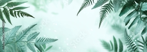 Fern leaves border light background with bokeh.