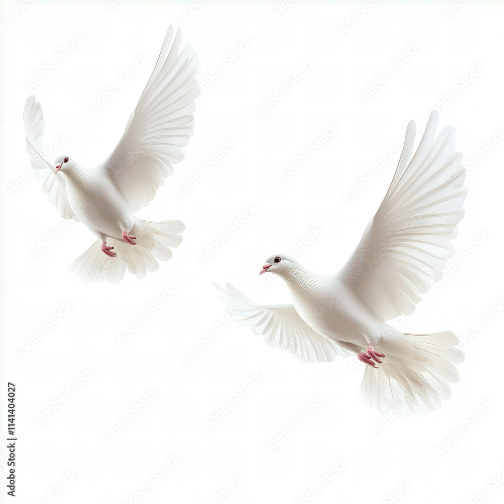 Fototapeta premium Elegant White Doves in Flight Against a Soft White Background