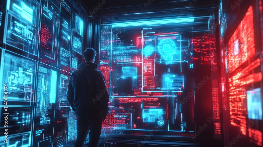 Man watches many screens with data, coding. Man watches many screens with data, coding.
