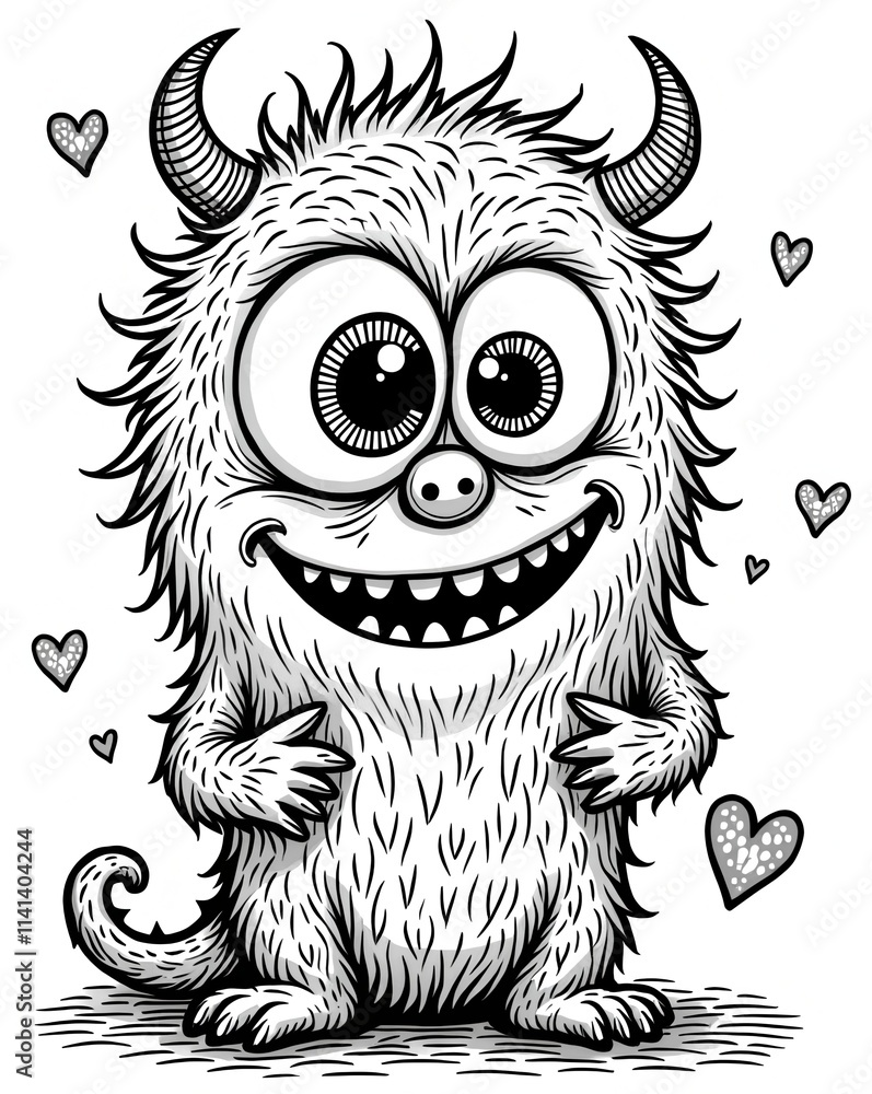 Obraz premium Cute Furry Monster with Hearts and Horns