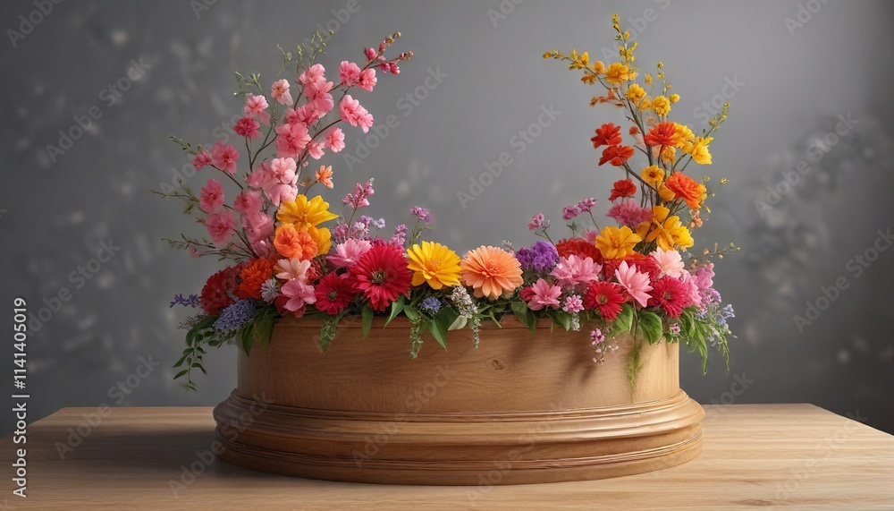 Fototapeta premium exquisite flower-adorned spring podium with a curved wooden back , garden decor, spring, botanical