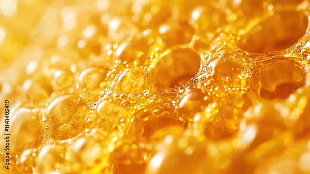 Close-up of a golden, bubbly, and viscous liquid surface. Close-up of a golden, bubbly, and viscous liquid surface.