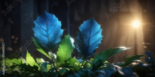 Feuille verte avec des rayons de lumi?re bleus, verdure, bleu, ?clairage photo