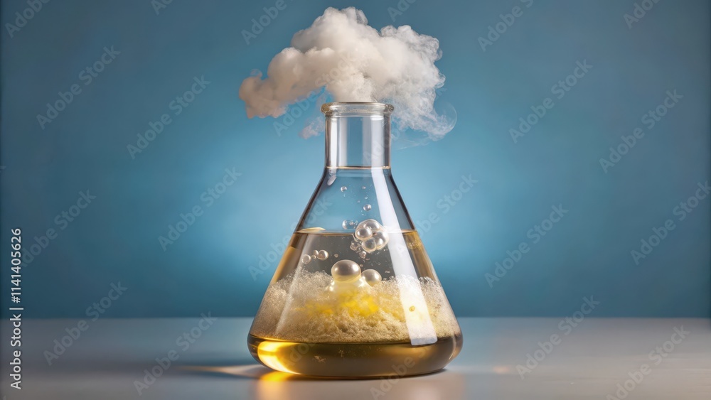 A chemical reaction in a flask with bubbles and smoke A chemical reaction in a flask with bubbles and smoke