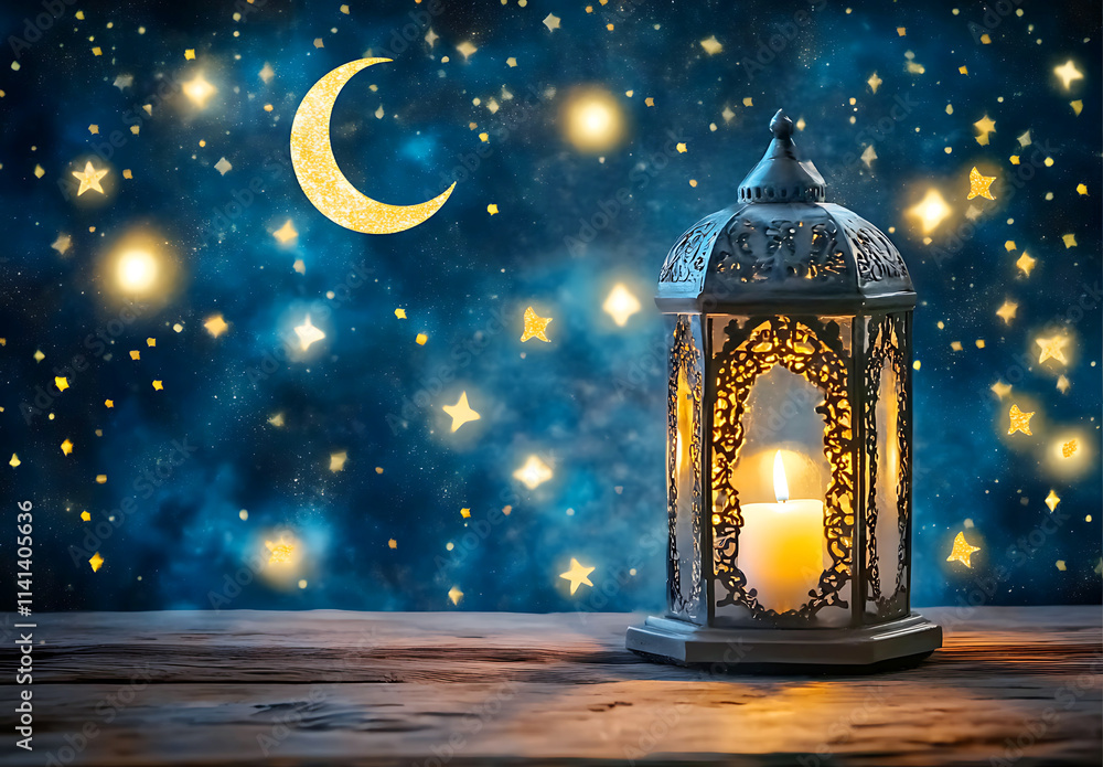 A beautiful Arabic lantern with a burning candle illuminated the star night sky. Ai generative A beautiful Arabic lantern with a burning candle illuminated the star night sky. Ai generative