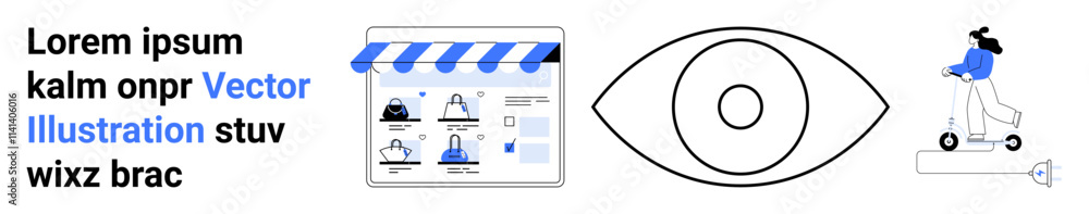 E-commerce storefront with shopping icons, an eye symbol, and a woman riding an electric scooter. Ideal for online shopping, digital marketing, visual communication, transportation, technology E-commerce storefront with shopping icons, an eye symbol, and a woman riding an electric scooter. Ideal for online shopping, digital marketing, visual communication, transportation, technology
