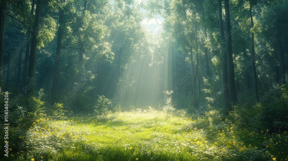 Obraz premium Sunlit forest path, wildflowers bloom.