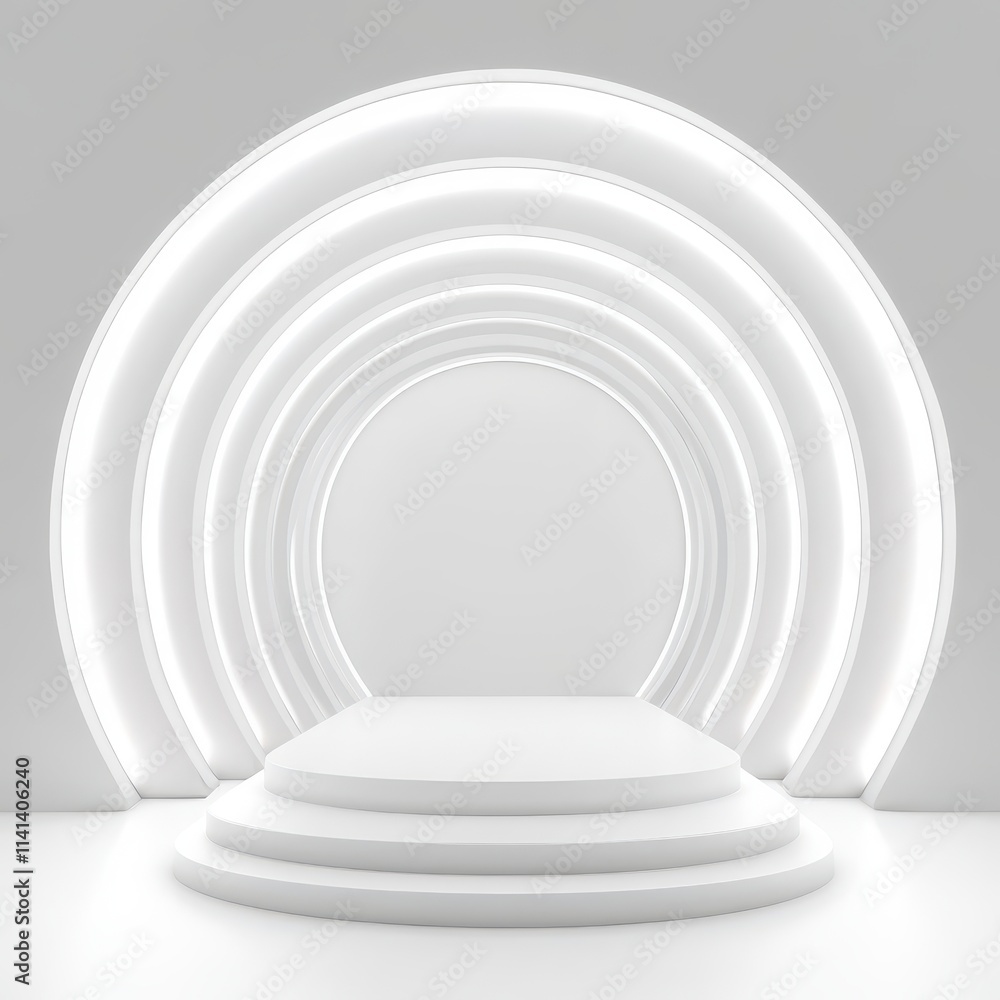 Obraz premium Futuristic white podium in ethereal glow, seamless white background, luxury product showcase