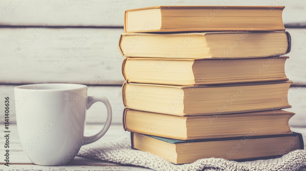 Reading time books stacked next to a coffee mug on a rustic wooden table Reading time books stacked next to a coffee mug on a rustic wooden table