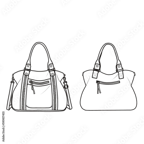 Hobo bag for women with crossbody strap, and a zipper pocket on both front and back line art. Outline vector doodle illustration front view, isolated on a white background