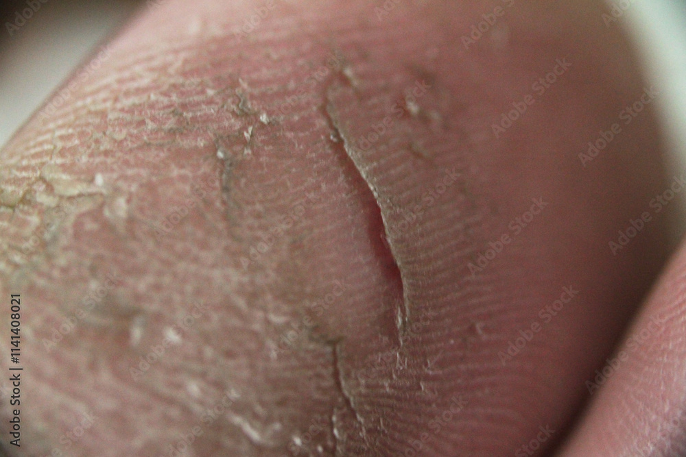 Fototapeta premium Close up of cracked dry skin on toe foot, dermal health and disease