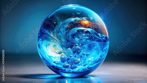 A Glass Orb Encapsulating a Swirling Blue Nebula with Flecks of Gold