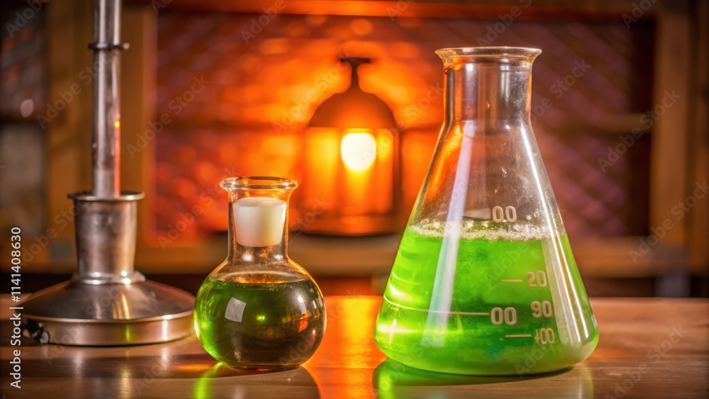 Two Glass Flasks Filled with Green Liquid on a Wooden Surface Two Glass Flasks Filled with Green Liquid on a Wooden Surface
