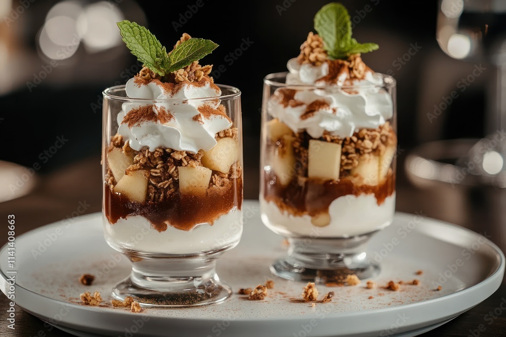Two parfaits with whipped cream, apple, caramel, and granola. Two parfaits with whipped cream, apple, caramel, and granola.