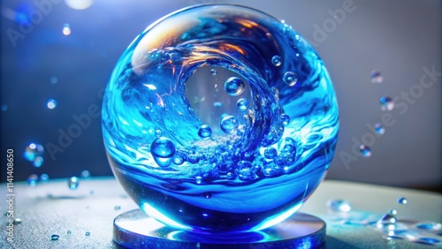 A Glass Orb Containing Swirling Blue Water and Air Bubbles