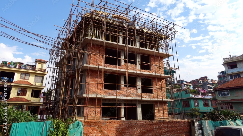 Building under construction with steel scaffolding. Building under construction with steel scaffolding.