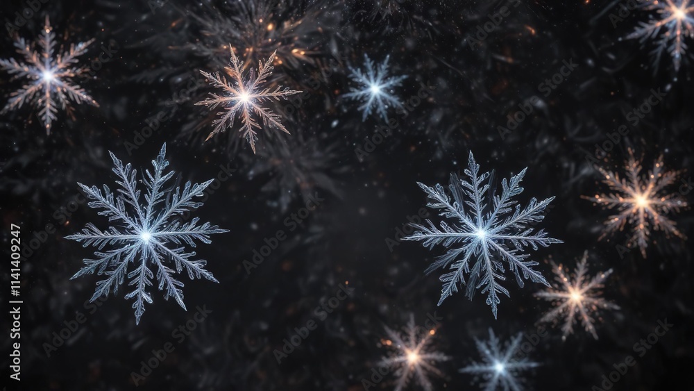 Fototapeta premium Glittering snowflakes in a swirling motion on black , wintery feel, sparkle effect, dynamic ambiance