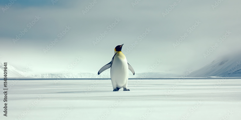 Obraz premium Penguin walks across snowy expanse towards mountains.