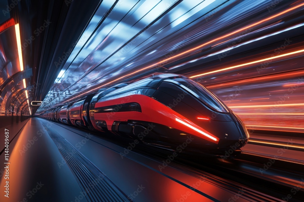 Fototapeta premium Futuristic red train speeding through a tunnel with motion blur.