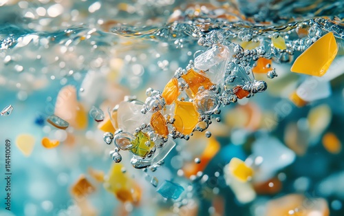 Microplastics suspended in clear water photo