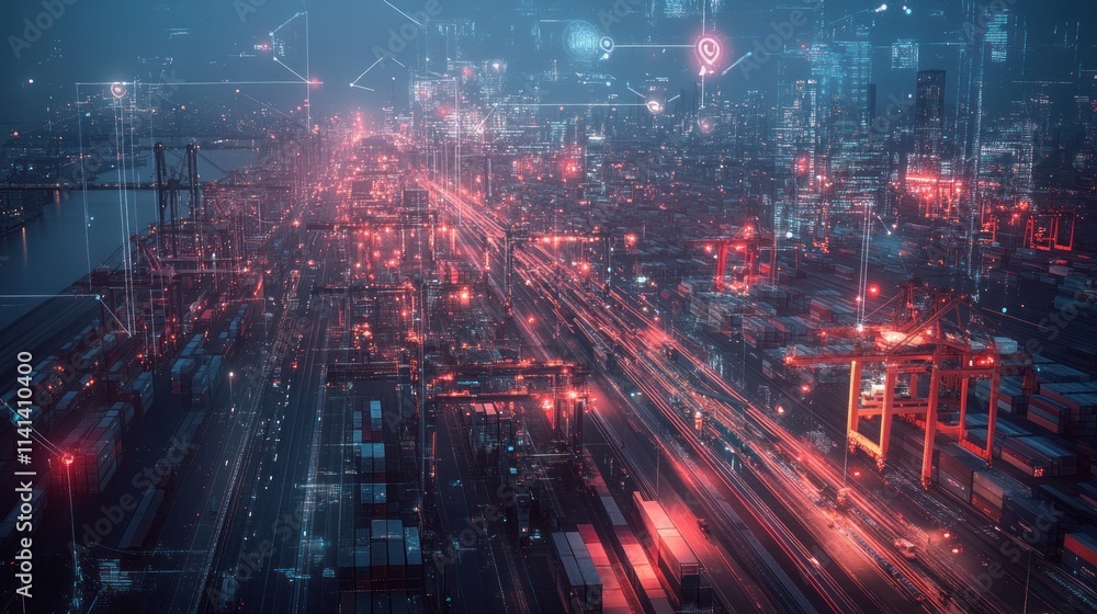 Glowing network on busy harbor. Glowing network on busy harbor.