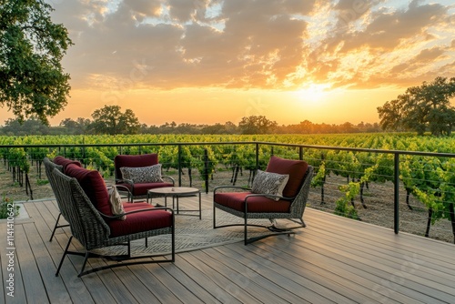 Outdoor patio with chairs at sunset in vineyard.
