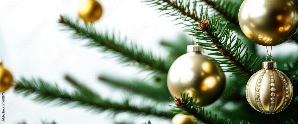 Photograph of a Christmas tree decorated with gold baubles and tinsel, close-up shot, soft lighting, shallow depth of field, blurred background, bokeh effect, festive, holiday, decorations, ornaments, Photograph of a Christmas tree decorated with gold baubles and tinsel, close-up shot, soft lighting, shallow depth of field, blurred background, bokeh effect, festive, holiday, decorations, ornaments,
