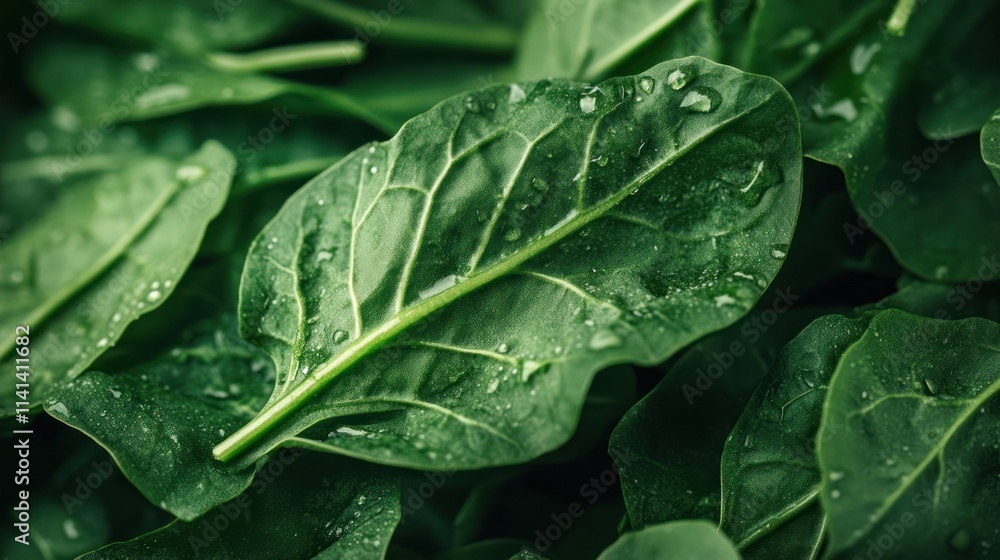 Fresh wet spinach leaves closeup, dark green healthy greens. Fresh wet spinach leaves closeup, dark green healthy greens.