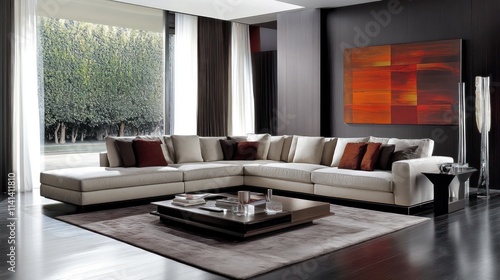 Modern living room with modular sofa and art.