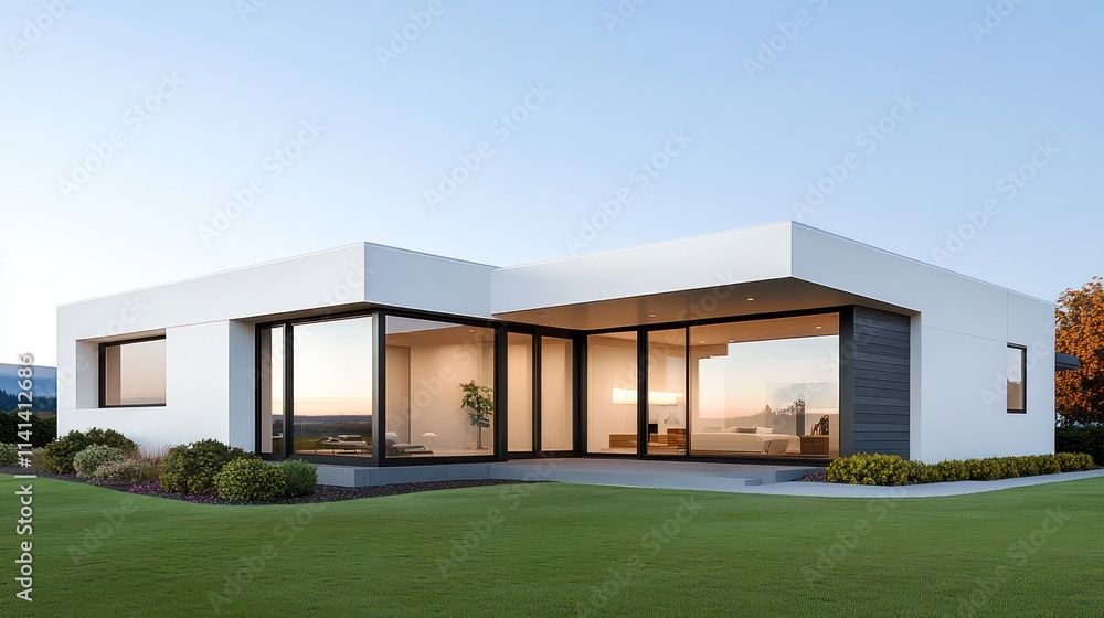 Modern white house with large windows and landscaped surroundings. Modern white house with large windows and landscaped surroundings.
