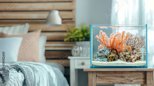 A clean and vibrant rectangular aquarium on a small wooden table in a cozy well decorated bedroom setting with ample copy space for text overlay or design elements photo